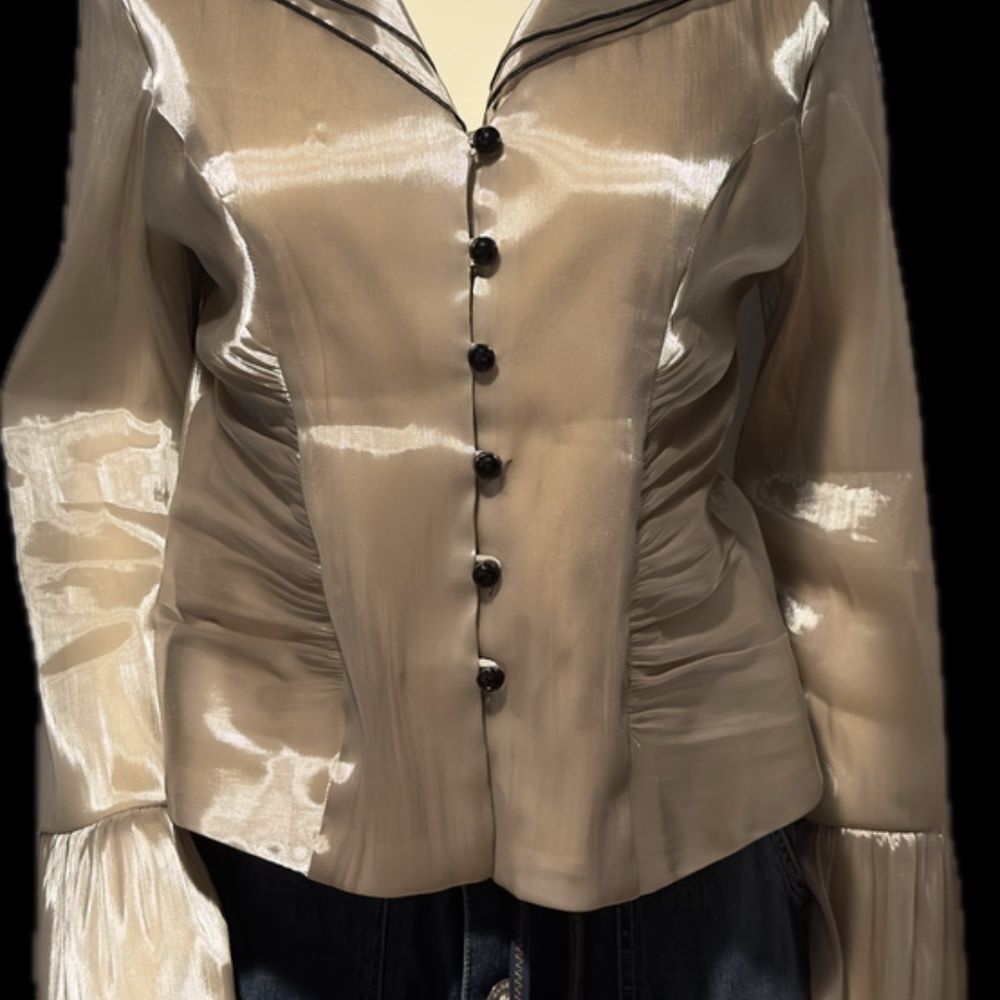 Vintage Gold Chiffon Sheer Organza Shirred Blouse Ruffled Sleeves Size Me… - Picture 6 of 6